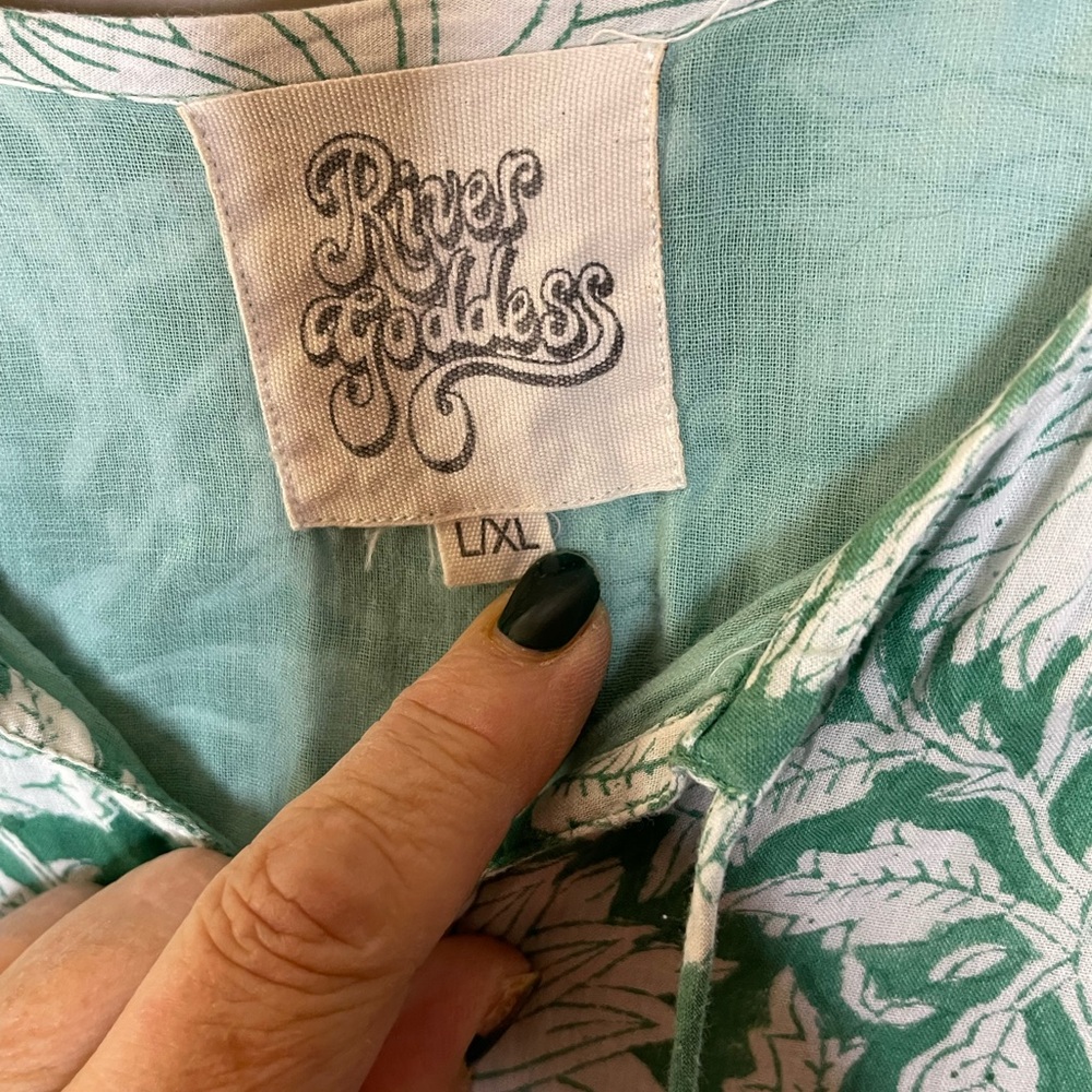 River Goddess Hawa Midi Green and White Leafy Dress Sz L/XL - Picture 3 of 4